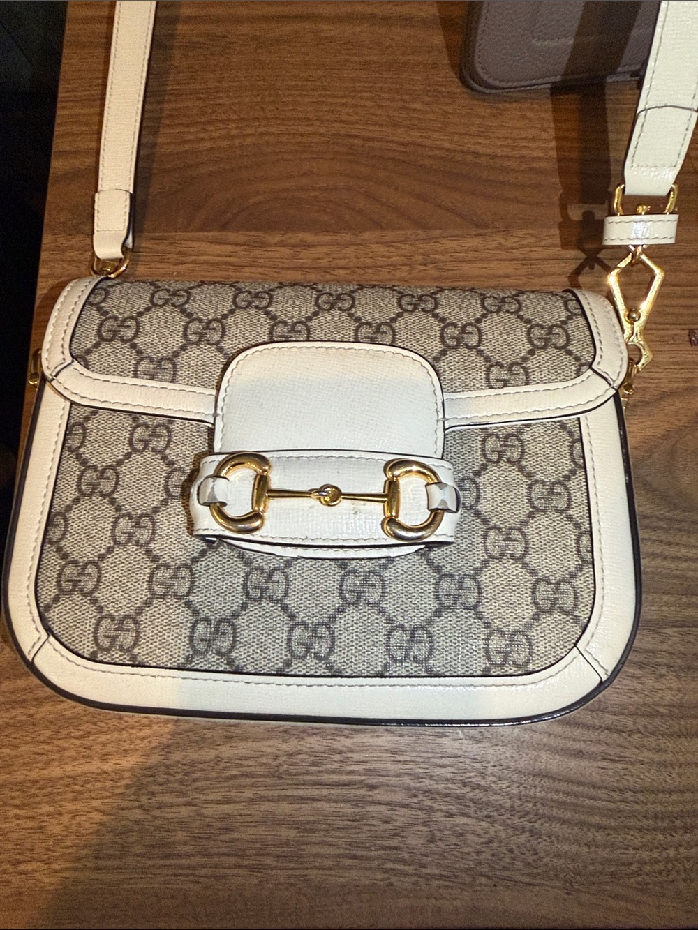 Gucci Beige GG Supreme Canvas Crossbody with White Trim and Gold Hardware